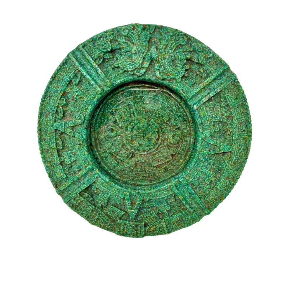 Vintage 1970’s Aztec Calendar Green Crushed Malachite Stone Ashtray Sun God